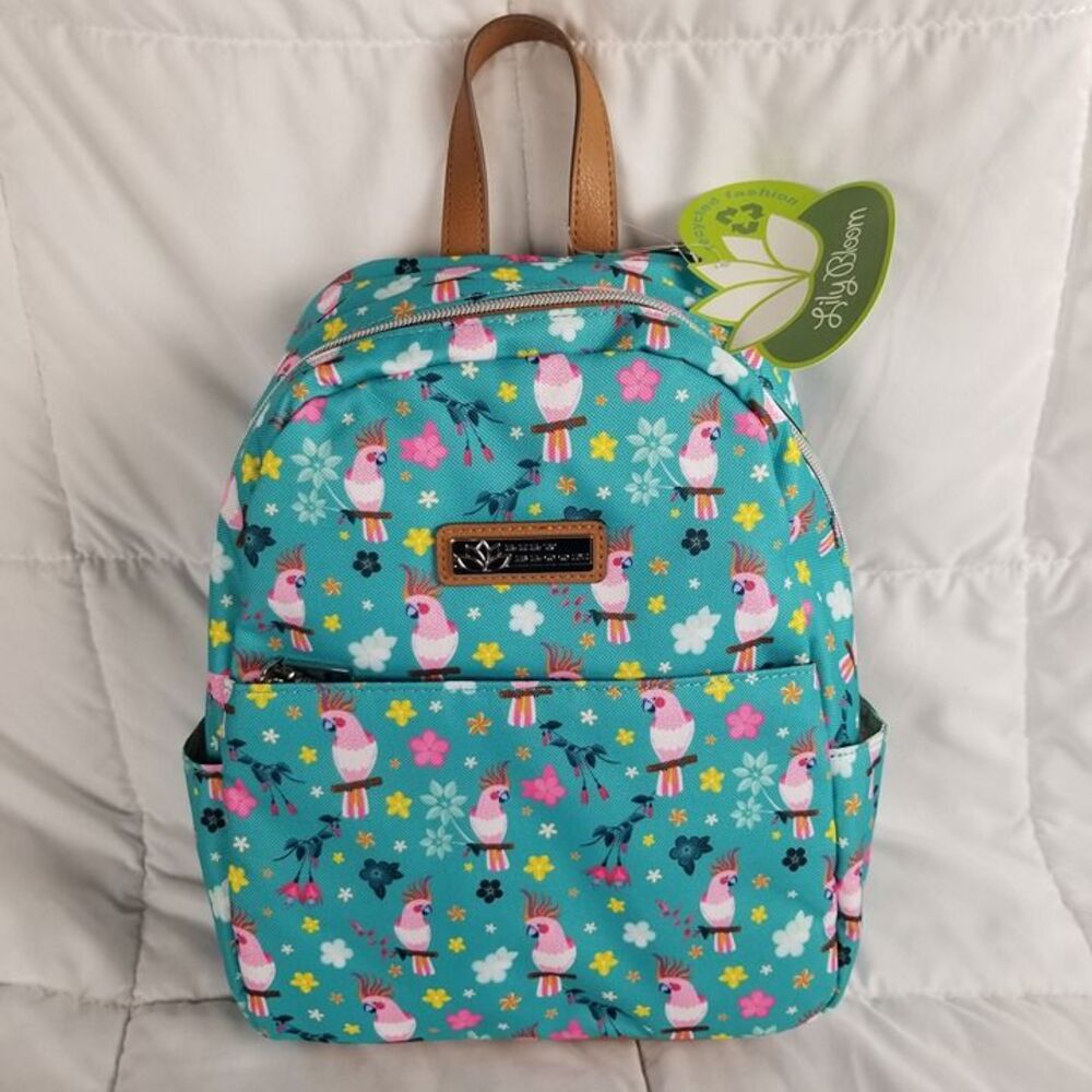 NEW $69 Retail Lily Bloom Eden Backpack Blue Parrots in Paradise Pink Cockatoo